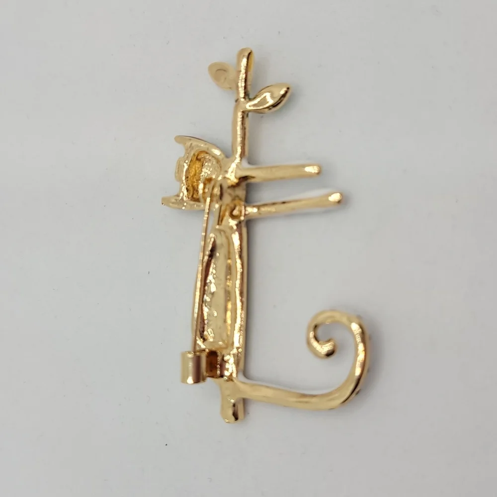Cat brooch / pin, black & white cat on branch